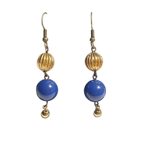 Gold Tone Blue Beaded Dangle Earrings Lightweight Hook Elegant Jewelry Mom Gift - Picture 1 of 4